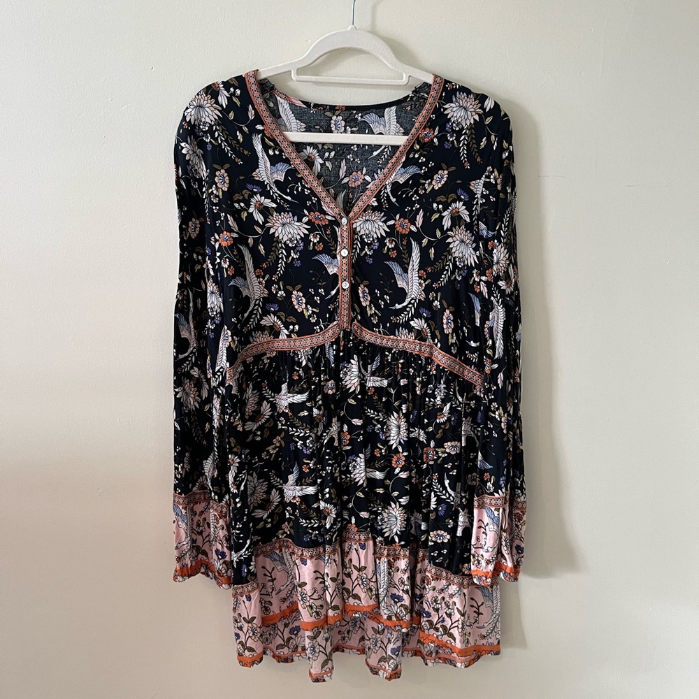Floral Bohemian Dress with Pink Accents